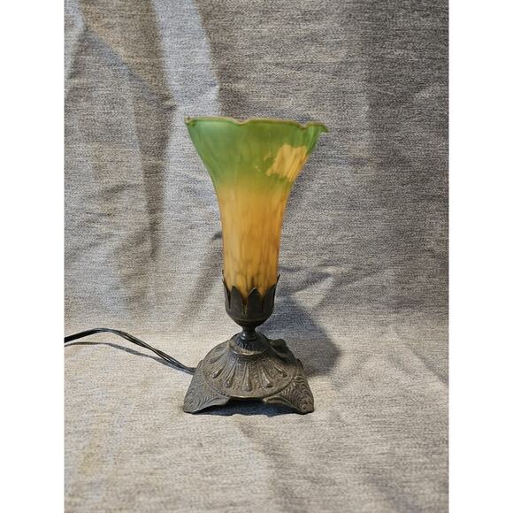 Vintage Tiffany Style Tulip Lamp Orange Yellow Green Glass Shade Vanity Plug - Picture 1 of 6